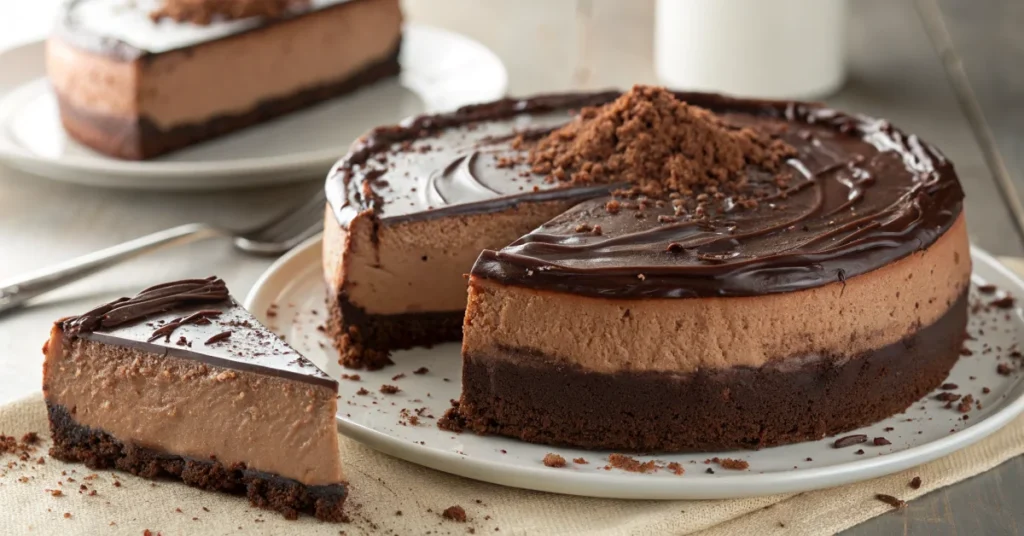 Professional food photography of a decadent chocolate cheesecake with creamy texture, rich dark chocolate layer, topped with