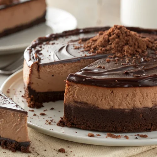 Professional food photography of a decadent chocolate cheesecake with creamy texture, rich dark chocolate layer, topped with