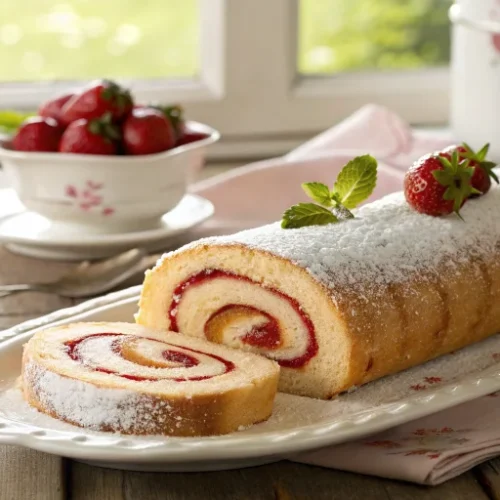 Professional food photography of a French swiss roll cake (gâteau roulé) with strawberry jam filling, sliced to show the be