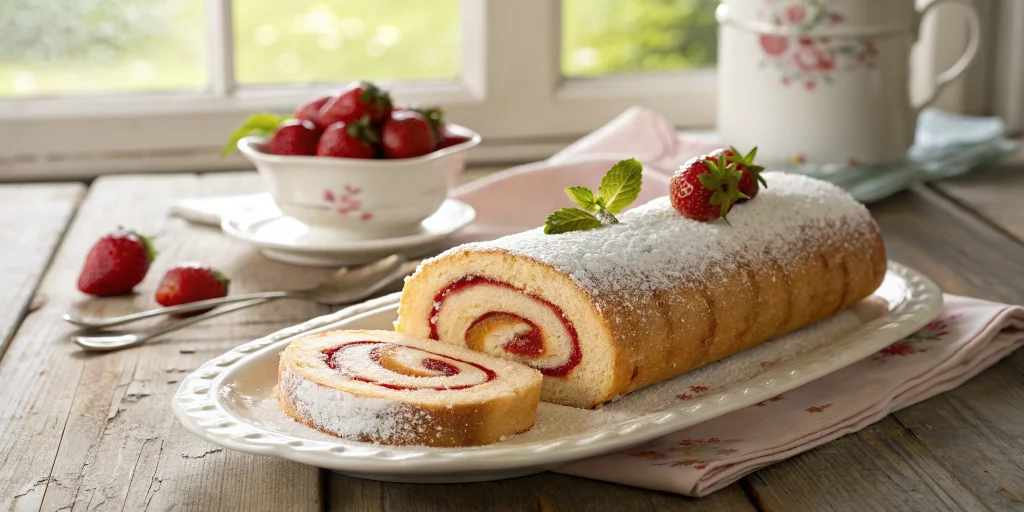 Professional food photography of a French swiss roll cake (gâteau roulé) with strawberry jam filling, sliced to show the be