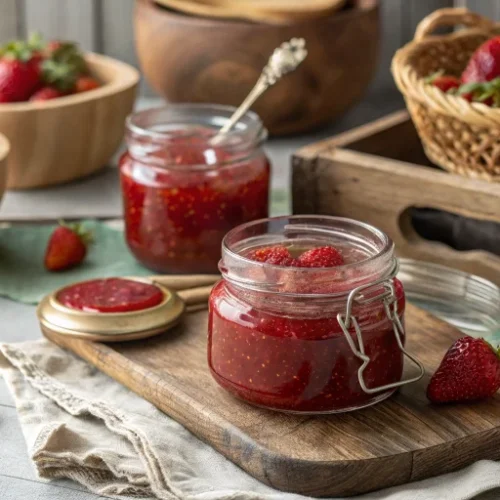 Professional food photography of homemade strawberry jam in glass jars, bright red color, some fresh strawberries scattered a