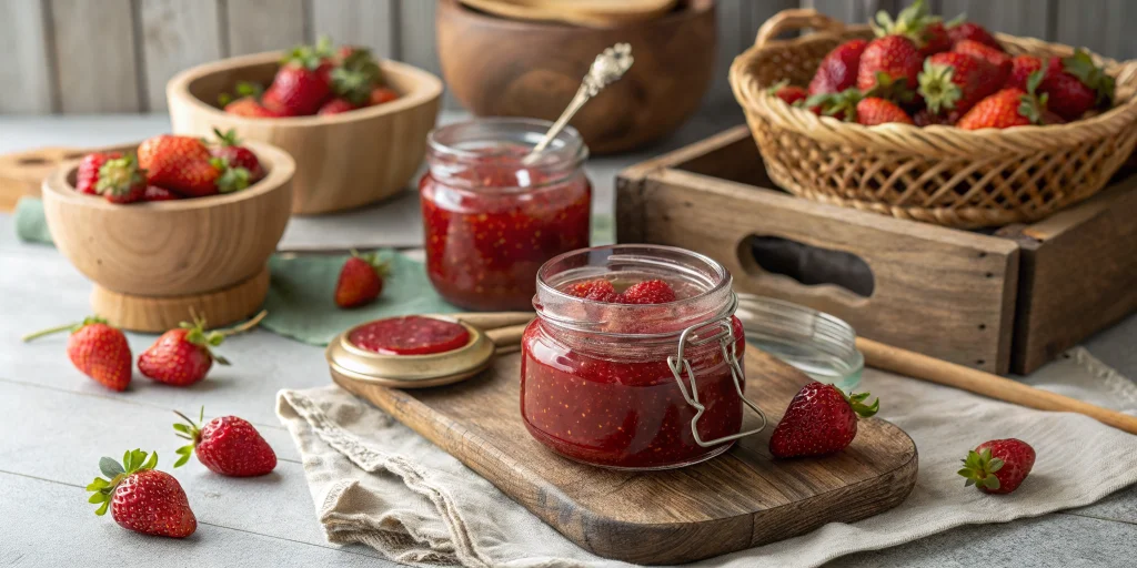 Professional food photography of homemade strawberry jam in glass jars, bright red color, some fresh strawberries scattered a