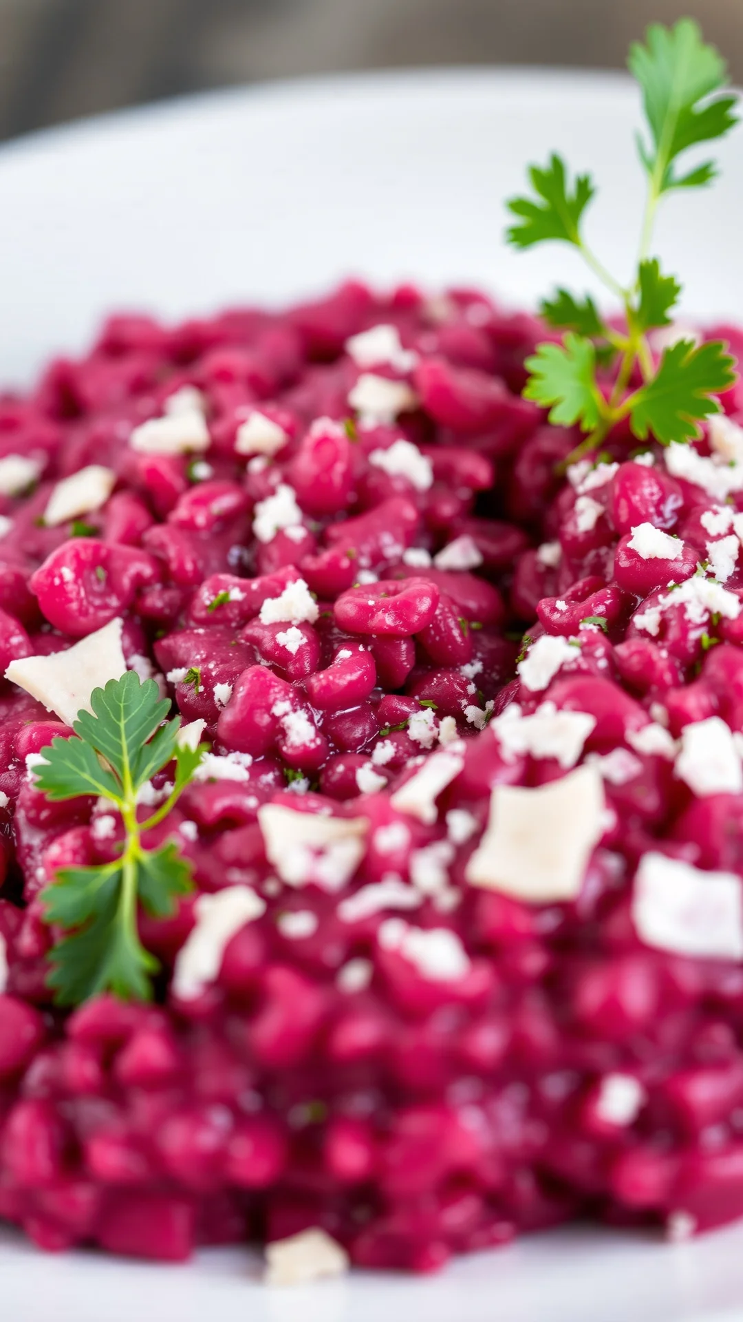 Rich purple-pink creamy risotto with beetroot, garnished with parmesan cheese, fresh herbs, parsley, shallow depth of field,