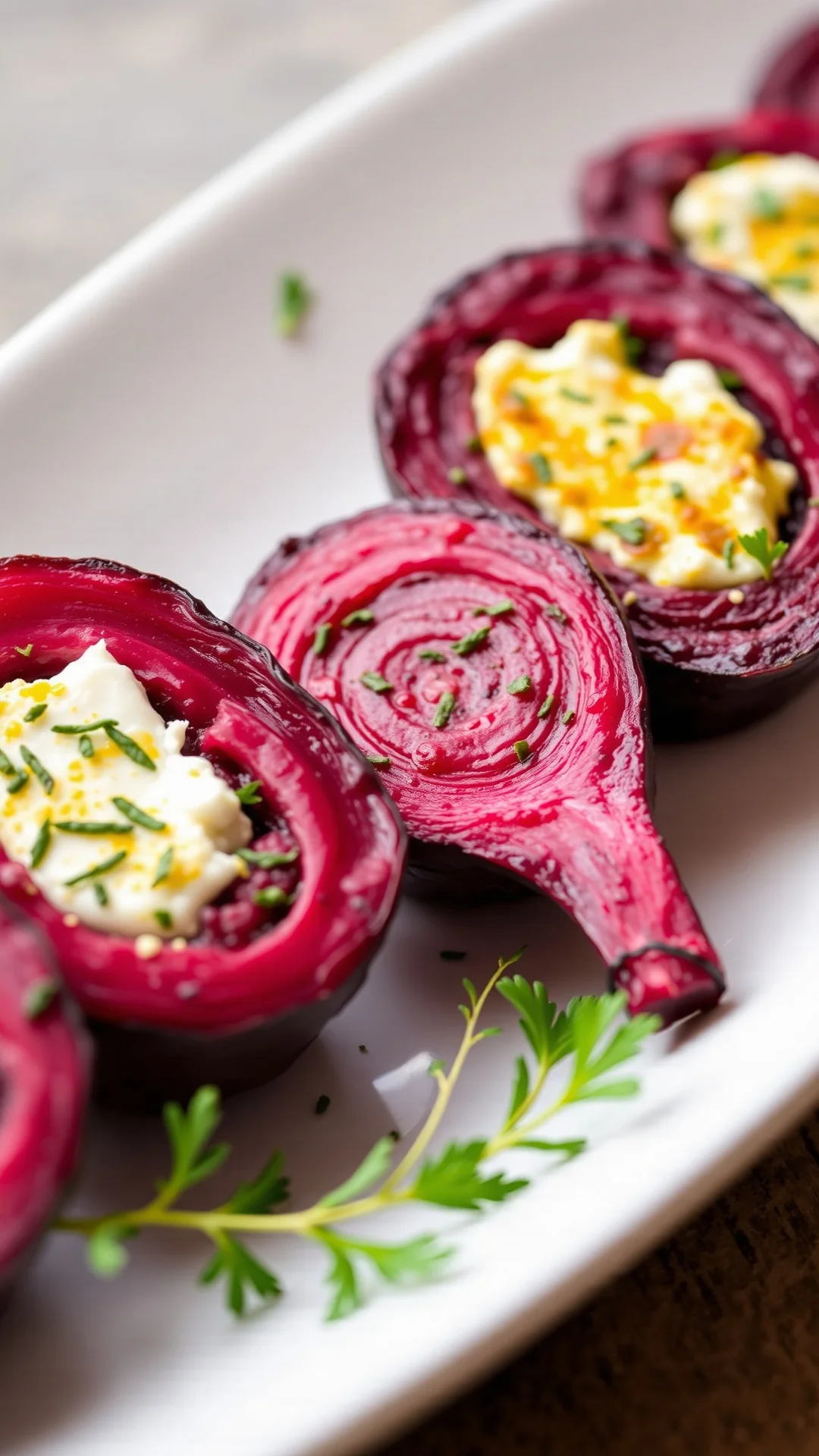 Roasted beet halves stuffed with herbed goat cheese, fresh thyme and parsley visible. Vibrant color contrast, close-up detail