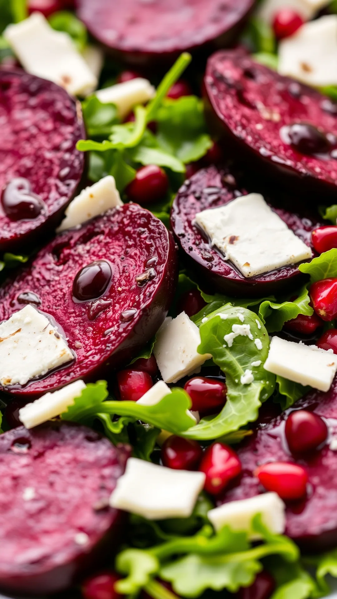 Roasted beet slices with pomegranate seeds, parmesan cheese, mesclun greens, balsamic glaze, festive elegant salad, gourmet f