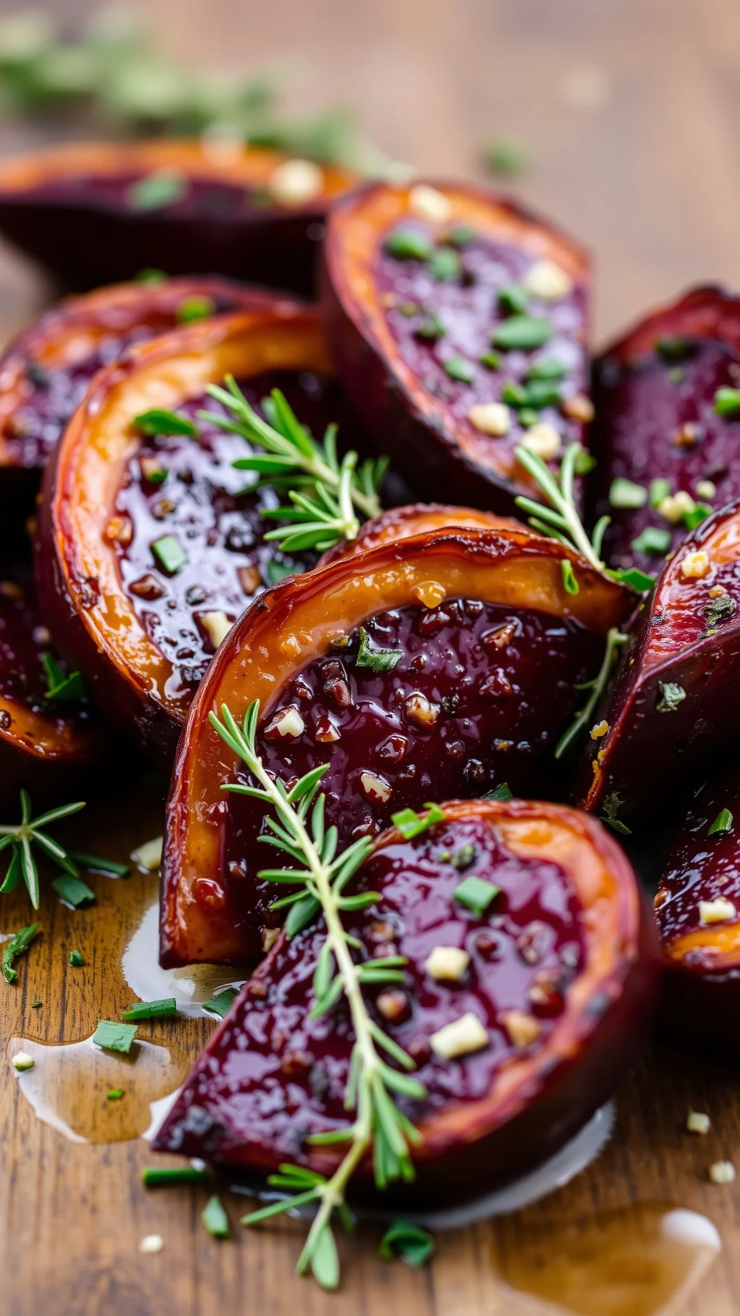Roasted beetroot wedges with thyme rosemary garlic, golden caramelized edges, olive oil glaze, fresh green herbs scattered, r