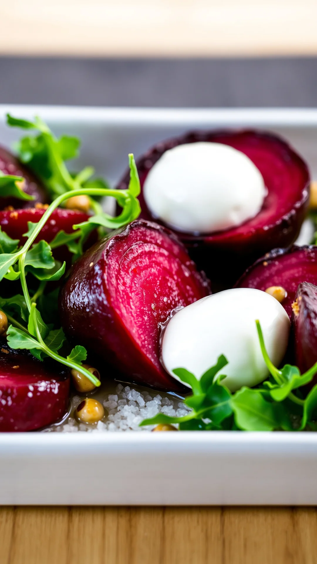 Roasted beets in sea salt crust with fresh burrata cheese, rocket salad and hazelnut oil, fine dining plating