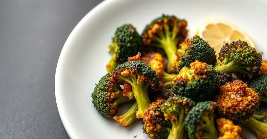 Roasted broccoli florets golden brown crispy edges fresh herbs lemon garnish white plate studio lighting