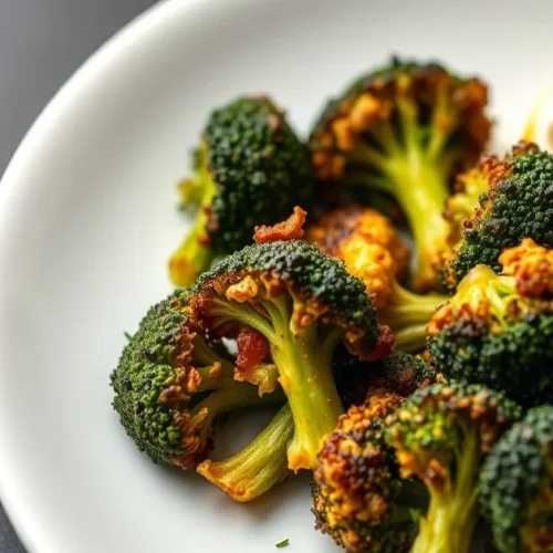 Roasted broccoli florets golden brown crispy edges fresh herbs lemon garnish white plate studio lighting