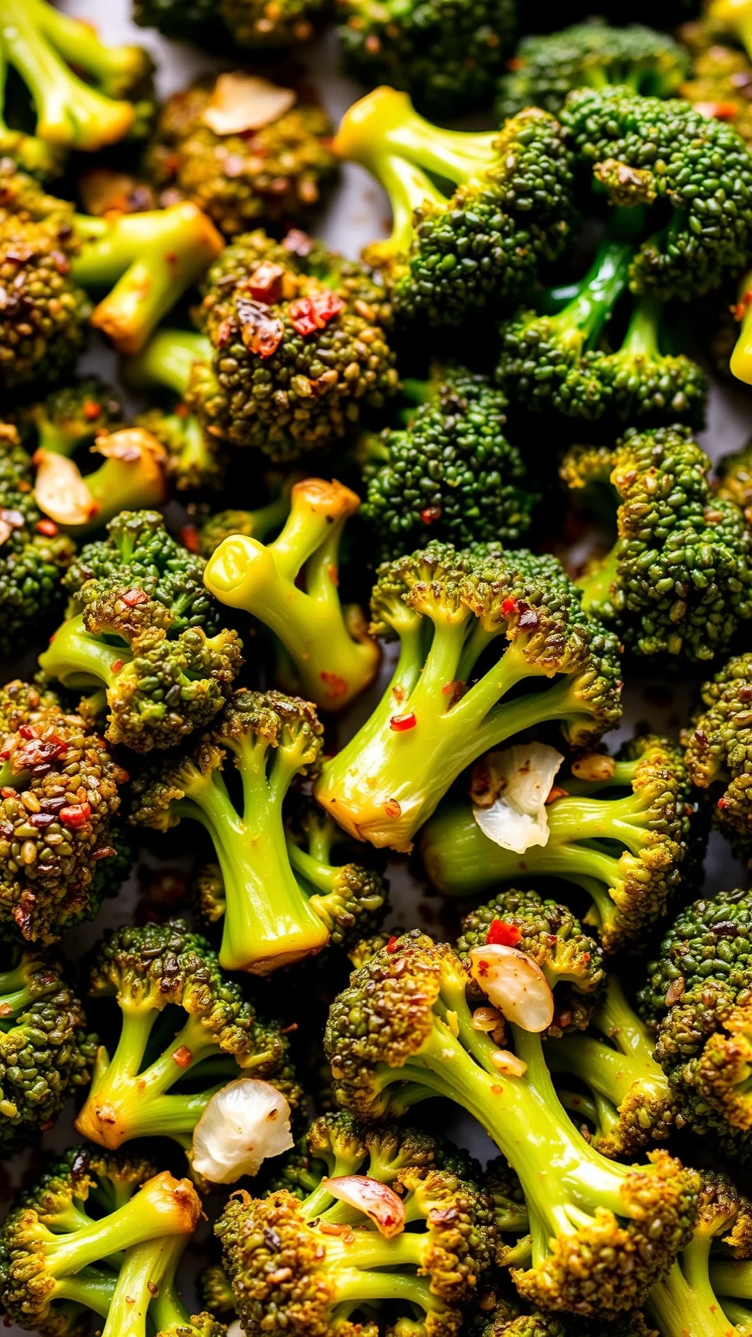 Roasted broccoli florets seasoned with paprika and garlic, vibrant green vegetables, crispy edges, healthy vegetarian side di