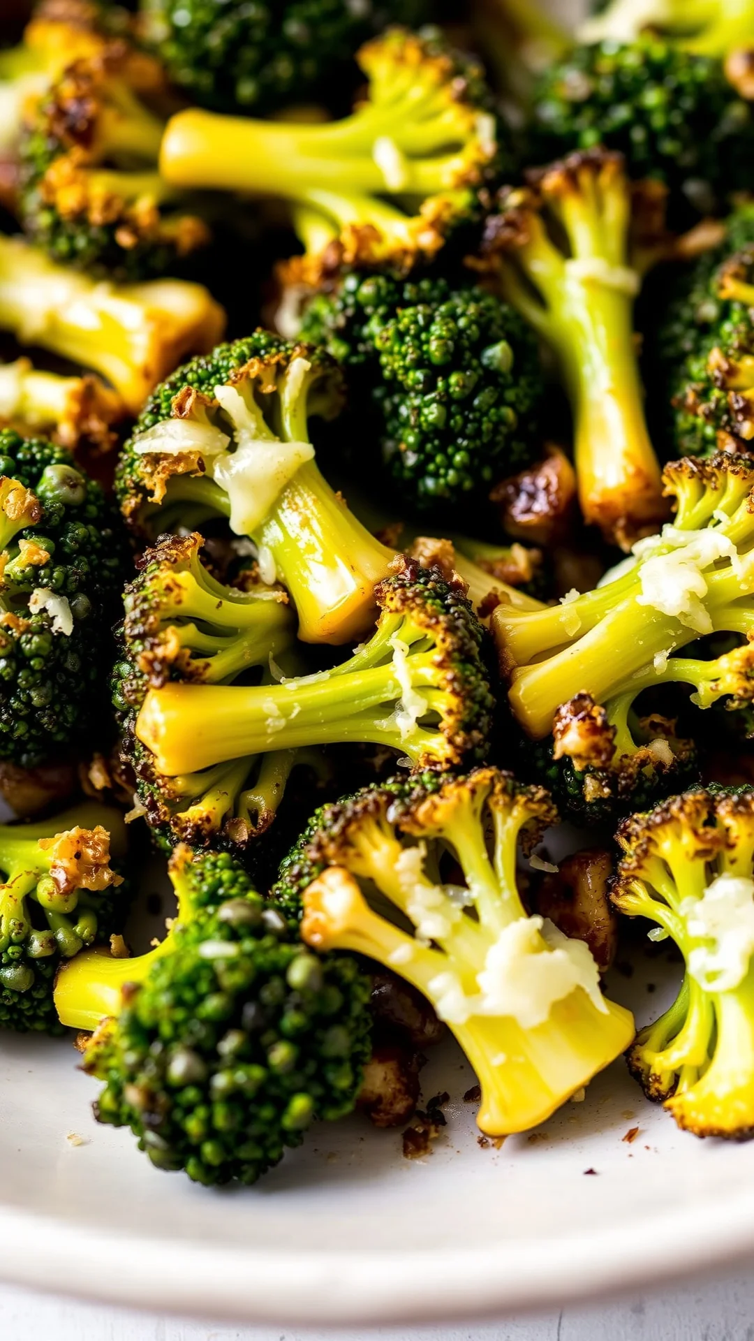 Roasted broccoli florets with garlic and melted parmesan cheese, golden and crispy, close-up food photography, warm lighting