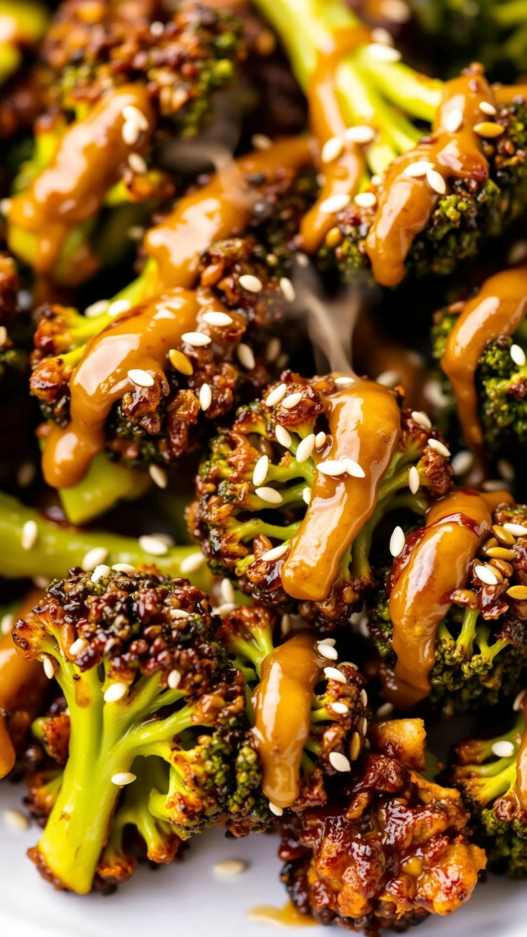 Roasted broccoli with caramelized edges, drizzled with honey mustard glaze and sesame seeds, golden brown color, steam rising