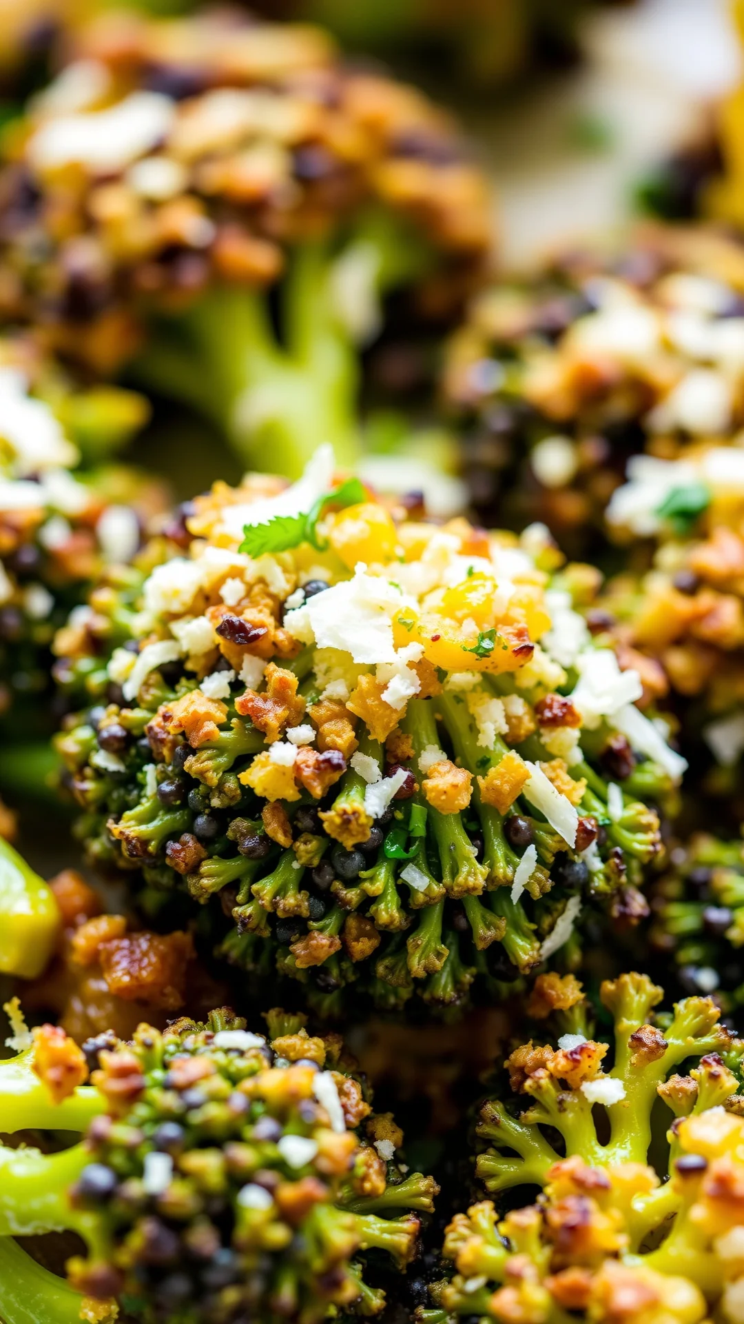 Roasted broccoli with parmesan and lemon zest, golden florets, micro food photography, bright colors, fresh herbs garnish