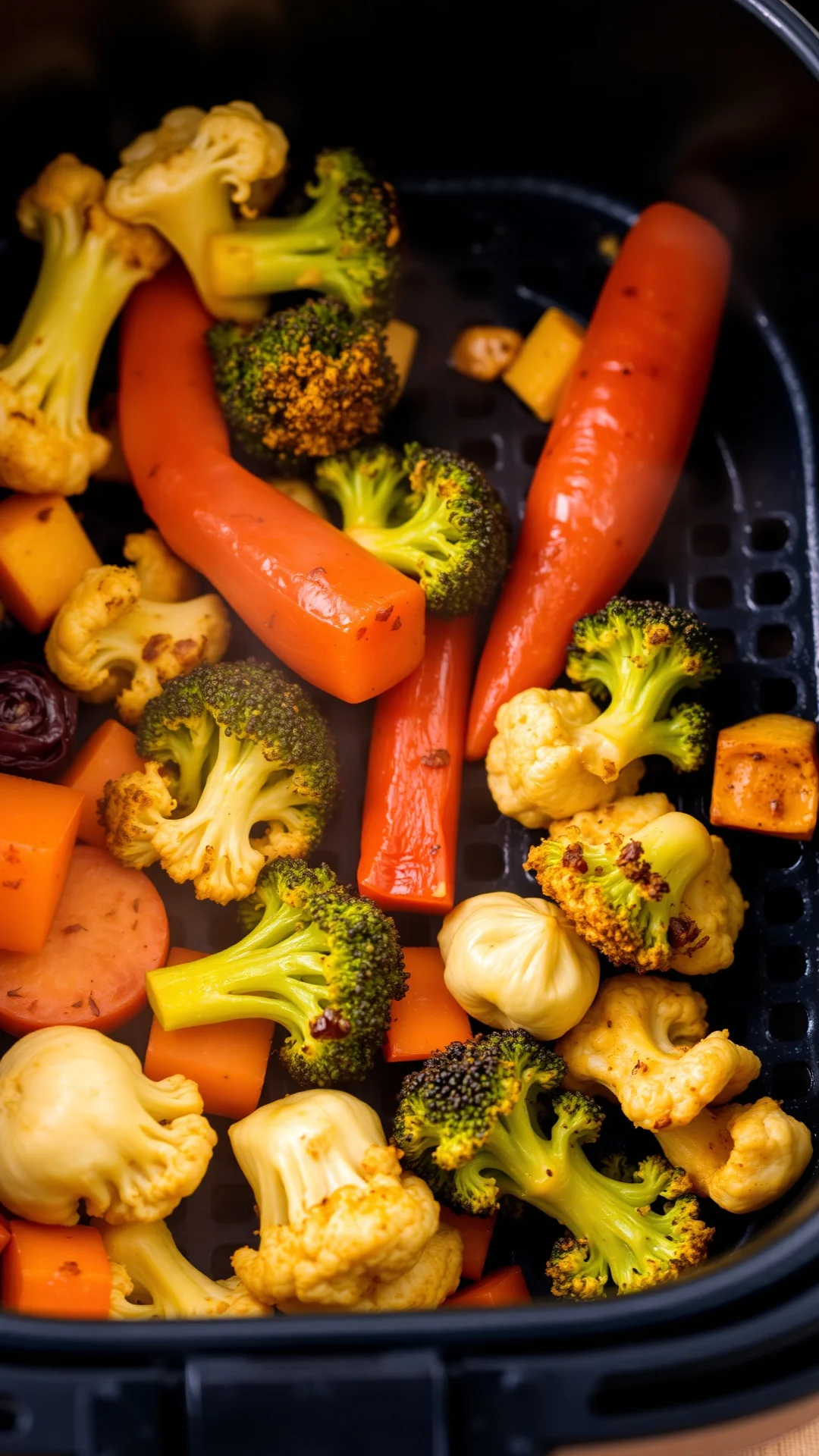 Roasted colorful vegetables in air fryer, broccoli cauliflower carrots, vibrant colors, steam rising, healthy dinner