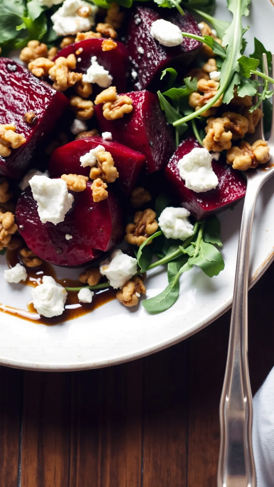 Roasted golden beets with walnuts, goat cheese crumbles, fresh arugula salad, balsamic glaze, elegant healthy dinner plate