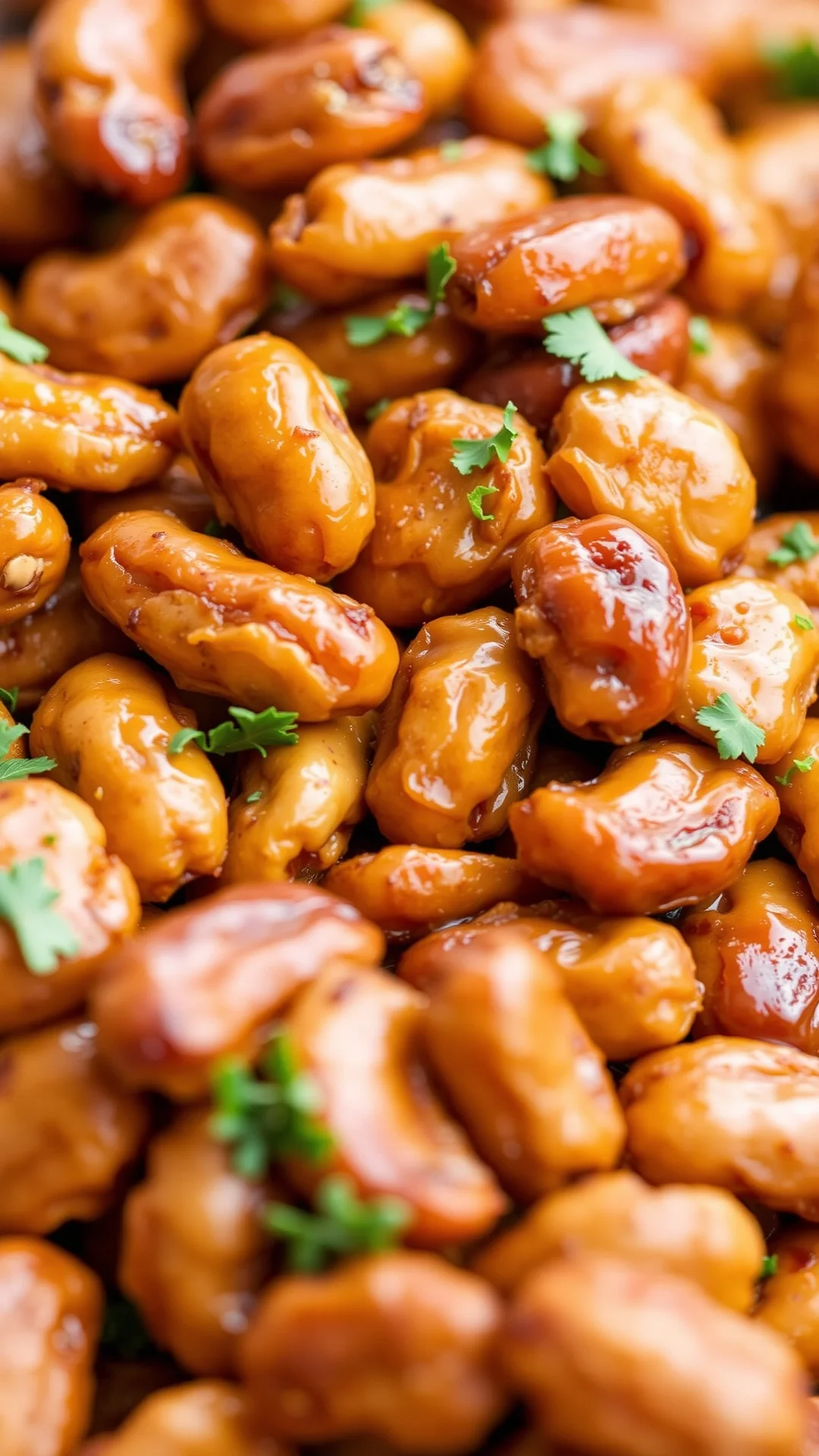 Roasted honey thyme peanuts close-up, shiny glazed nuts, professional food styling, scattered thyme garnish, appetizer presen