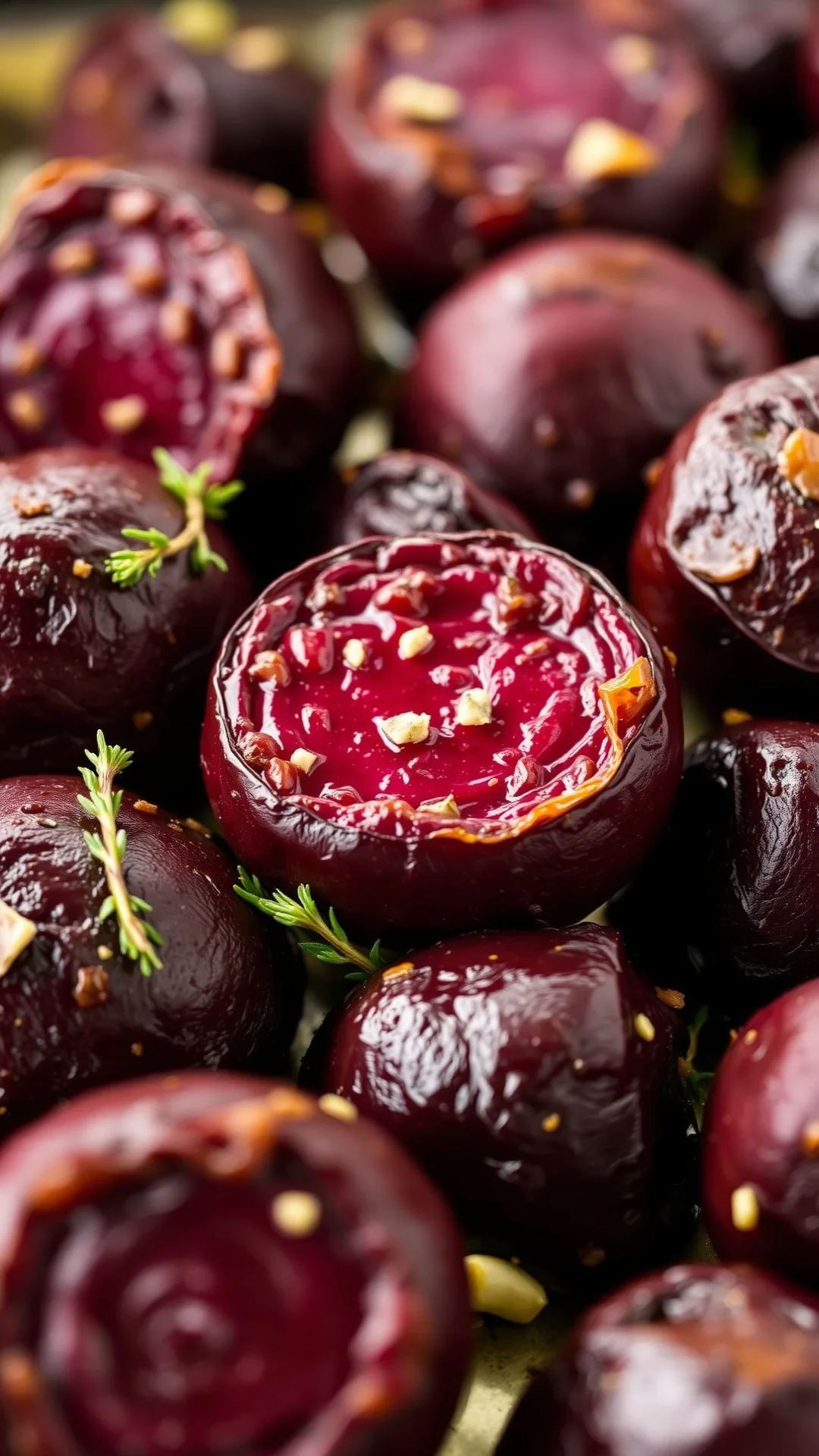 Roasted whole beets with thyme and garlic, caramelized edges, just out of oven, golden and tender, earthy aroma, rustic prese