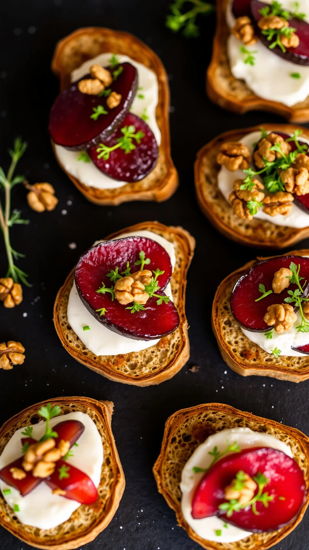Rustic rye bread tartines topped with creamy fresh cheese, beet slices, walnuts, and cress. Artisanal presentation on dark ba