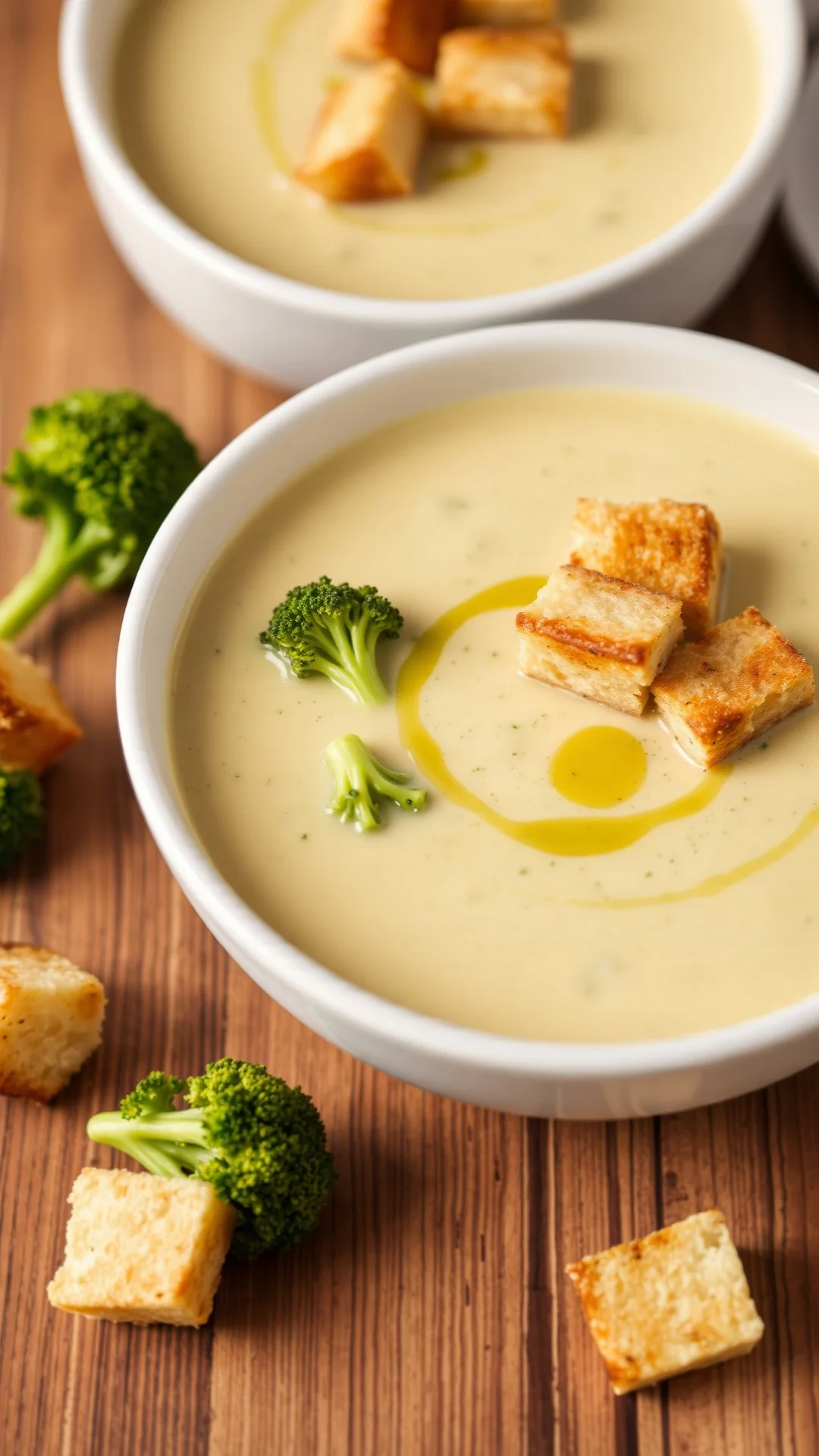 Silky smooth broccoli cream soup in white bowl, garnished with croutons and olive oil drizzle, creamy texture visible, profes