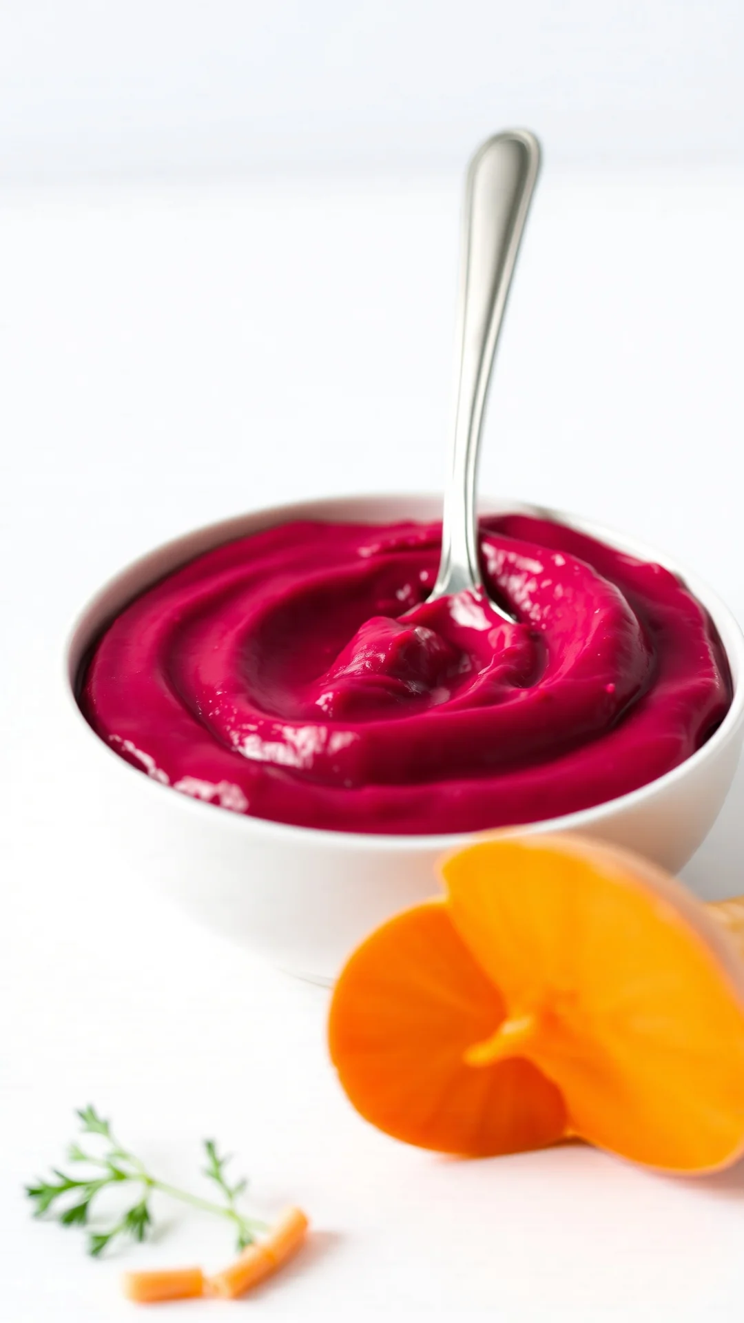 Smooth beet and carrot puree in bowl, creamy pink texture, spoon, white background, soft lighting, baby food
