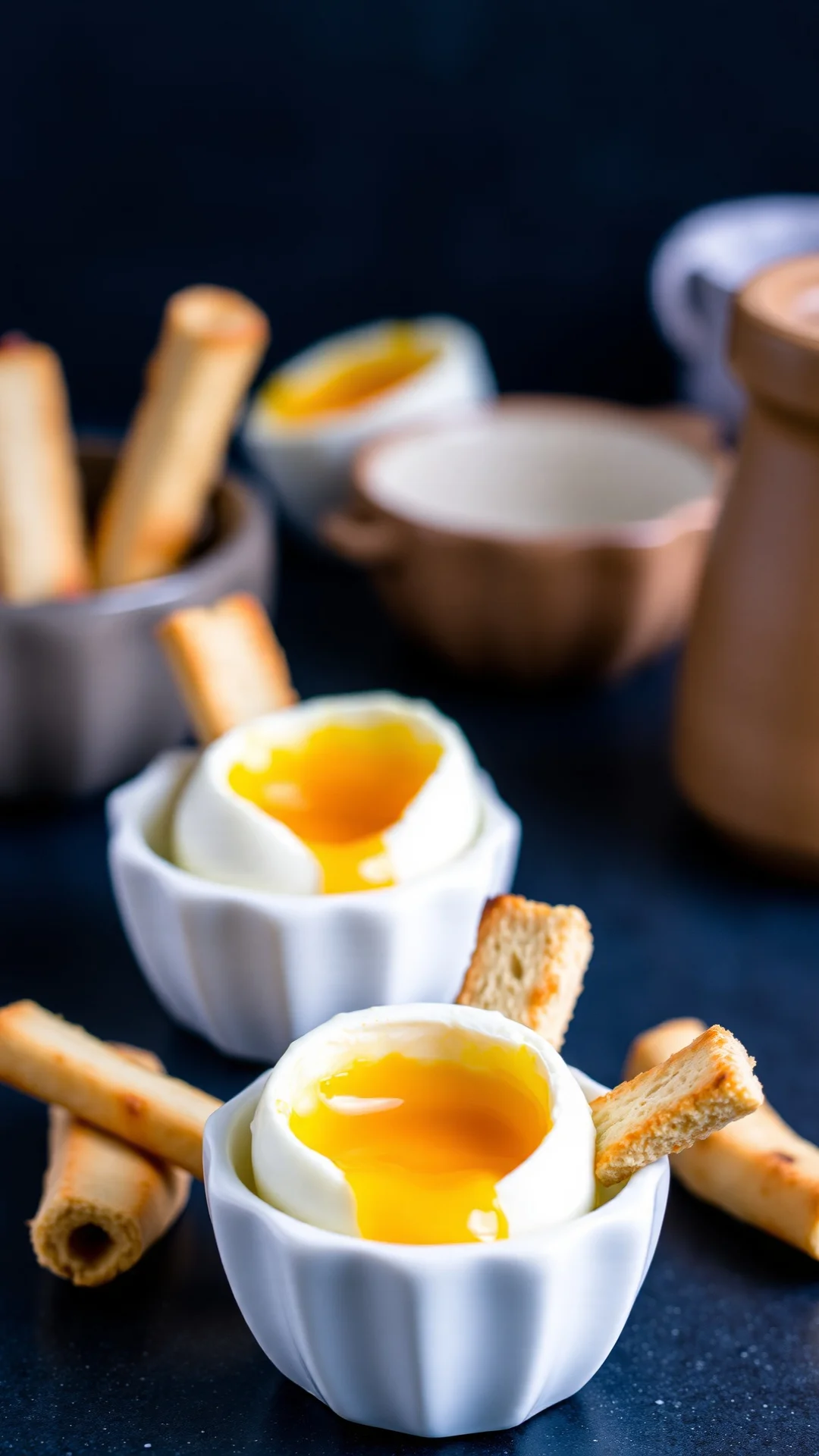 Soft boiled eggs in eggcups with toasted bread soldiers, creamy runny yolk visible, breakfast food photography
