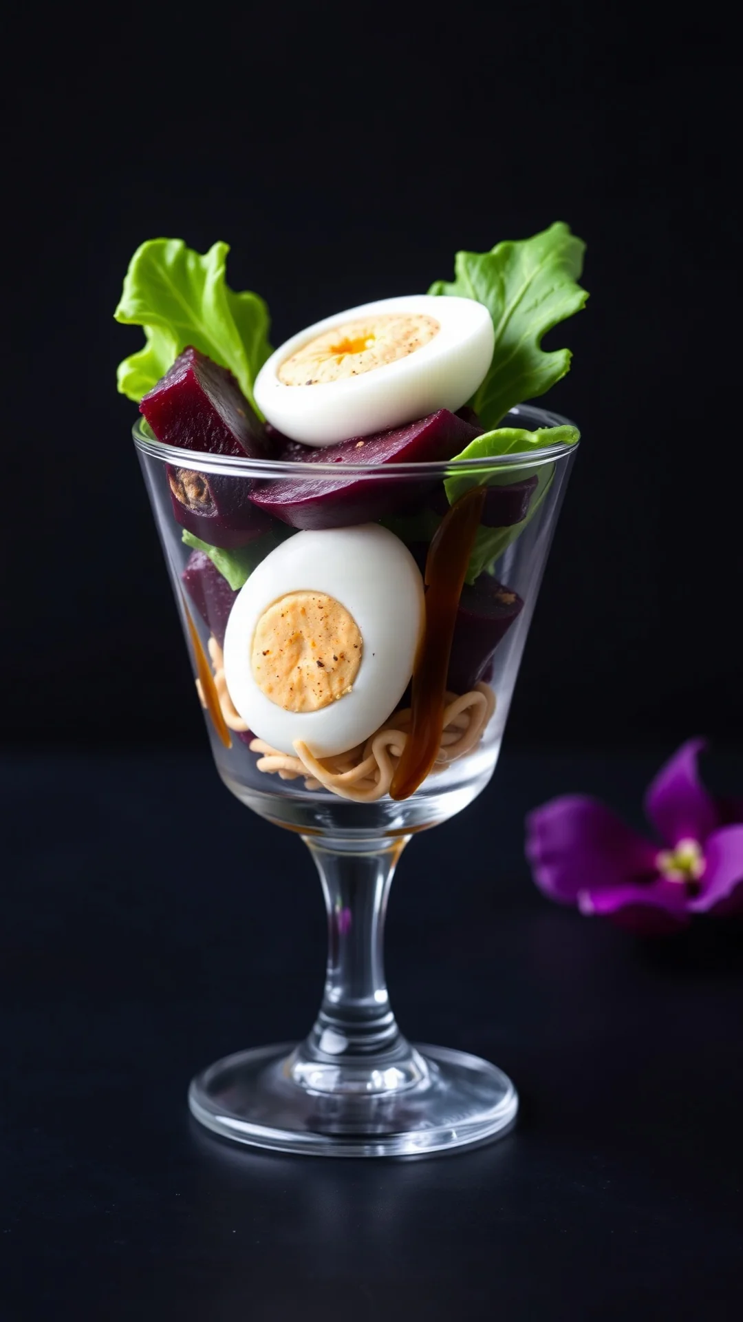 Sophisticated layered verrine with fresh beets, quail eggs, creamy mayo, fresh mâche lettuce, balsamic glaze, luxury appetiz