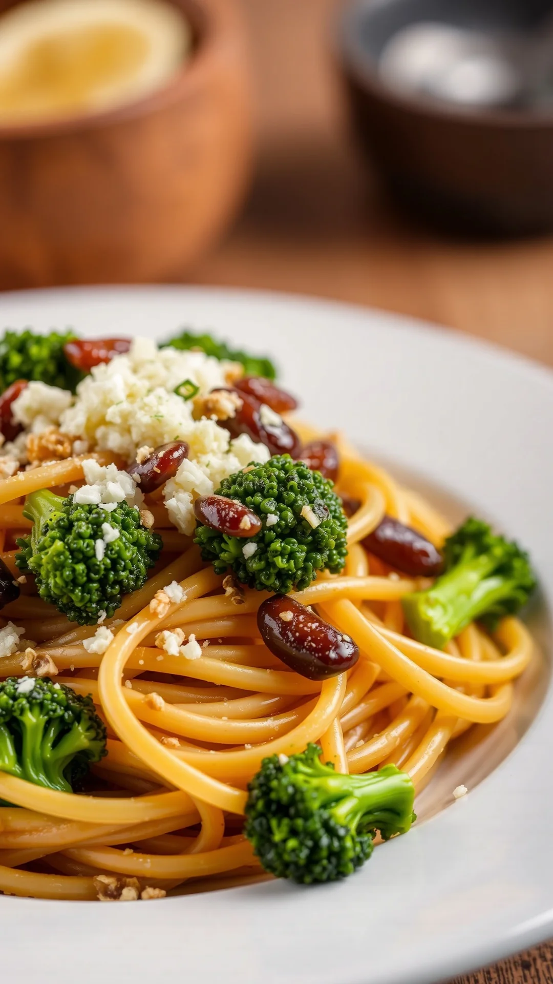 Spaghetti with broccoli and anchovy sauce, garlic, parsley garnish, traditional Italian pasta dish, professional food photogr