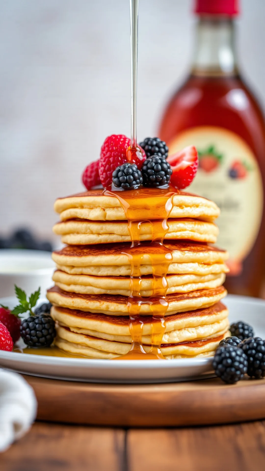 Stack of fluffy golden-brown pancakes topped with fresh berries, honey drizzle, blurred syrup bottle background, warm breakfa