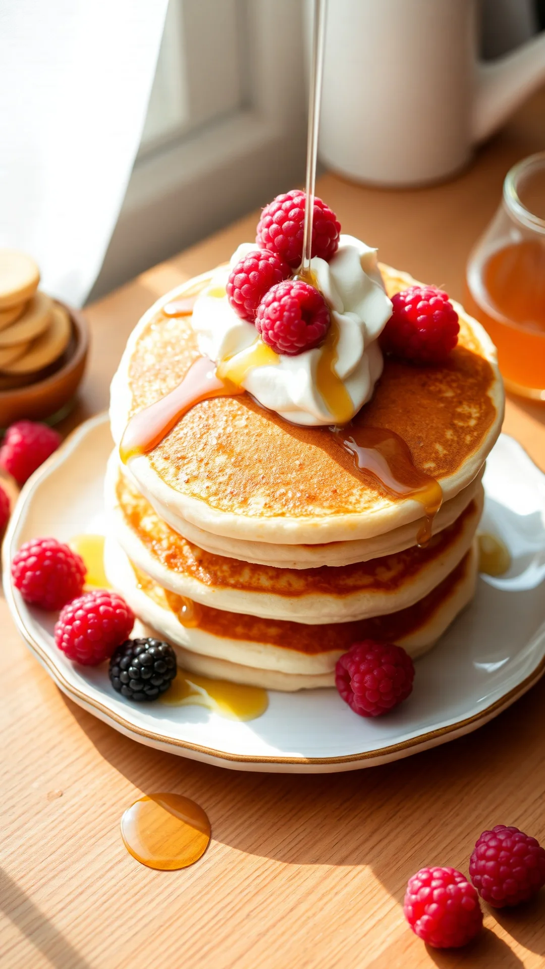Stack of pink rosy pancakes with whipped cream, fresh raspberries, honey drizzle, ceramic plate, bright morning sunlight, ove