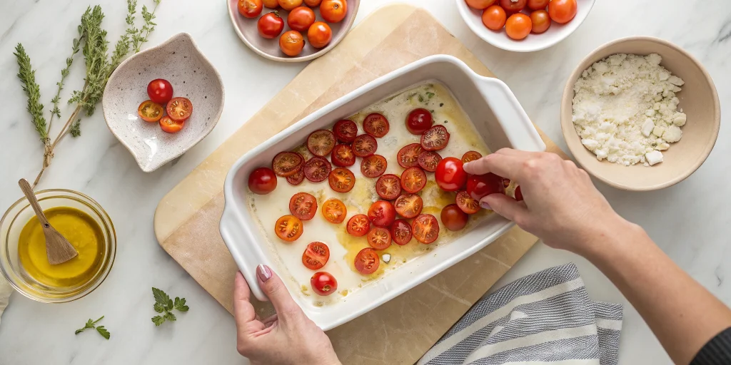 Step-by-step cooking process showing hands arranging halved cherry tomatoes in a buttered baking dish, ingredients laid out o