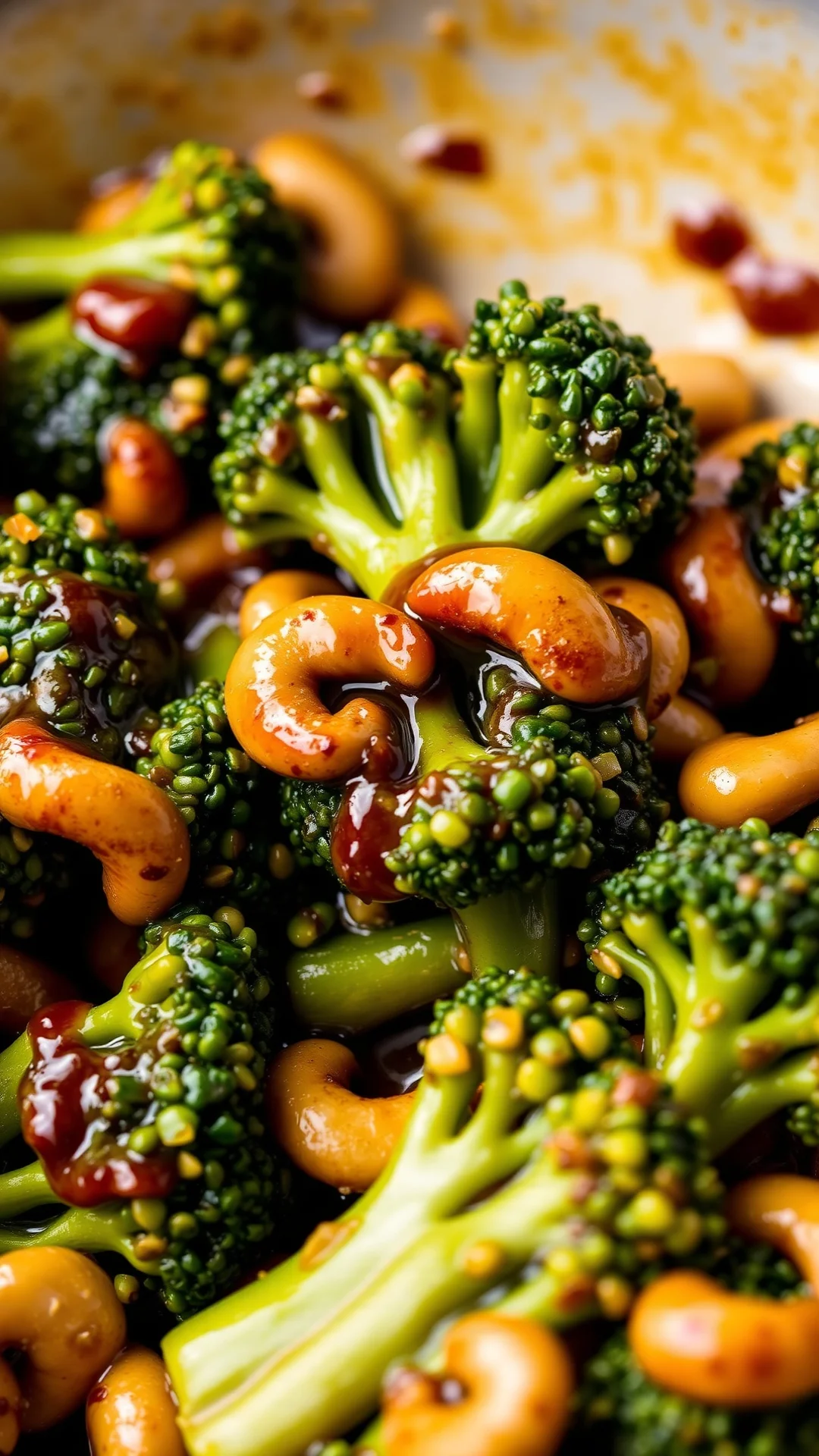 Stir-fried broccoli with cashew nuts in wok, glossy soy sauce coating, cashews visible, Asian cuisine, vibrant green and brow
