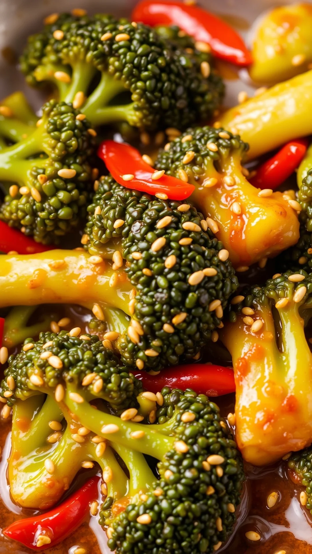 Stir-fried broccoli with sesame seeds and chili, wok cooking shot, glossy sauce coating, Asian cuisine style, professional fo