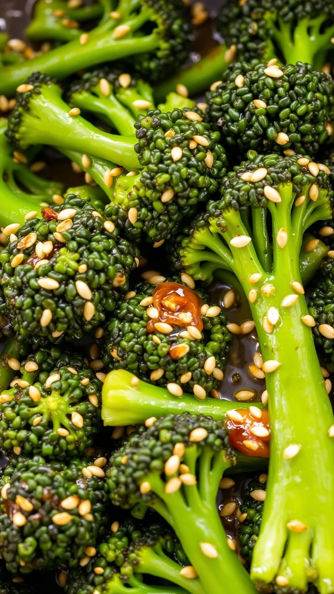 Stir-fried broccoli with sesame seeds and soy sauce, Asian style, garlic ginger flavor, vibrant green, wok cooked, glistening
