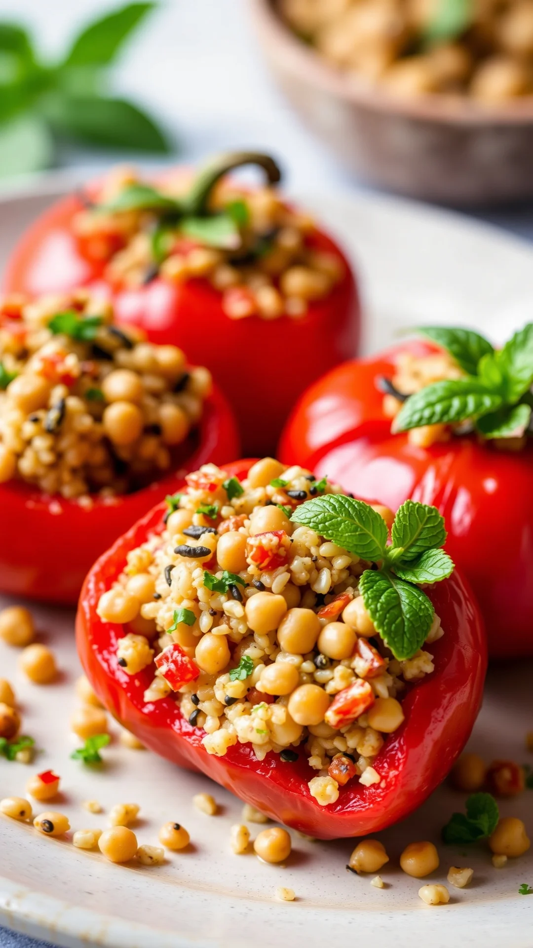 Stuffed tomatoes filled with quinoa, chickpeas, pine nuts and fresh mint, Mediterranean vegetarian dish, colorful garnish, na