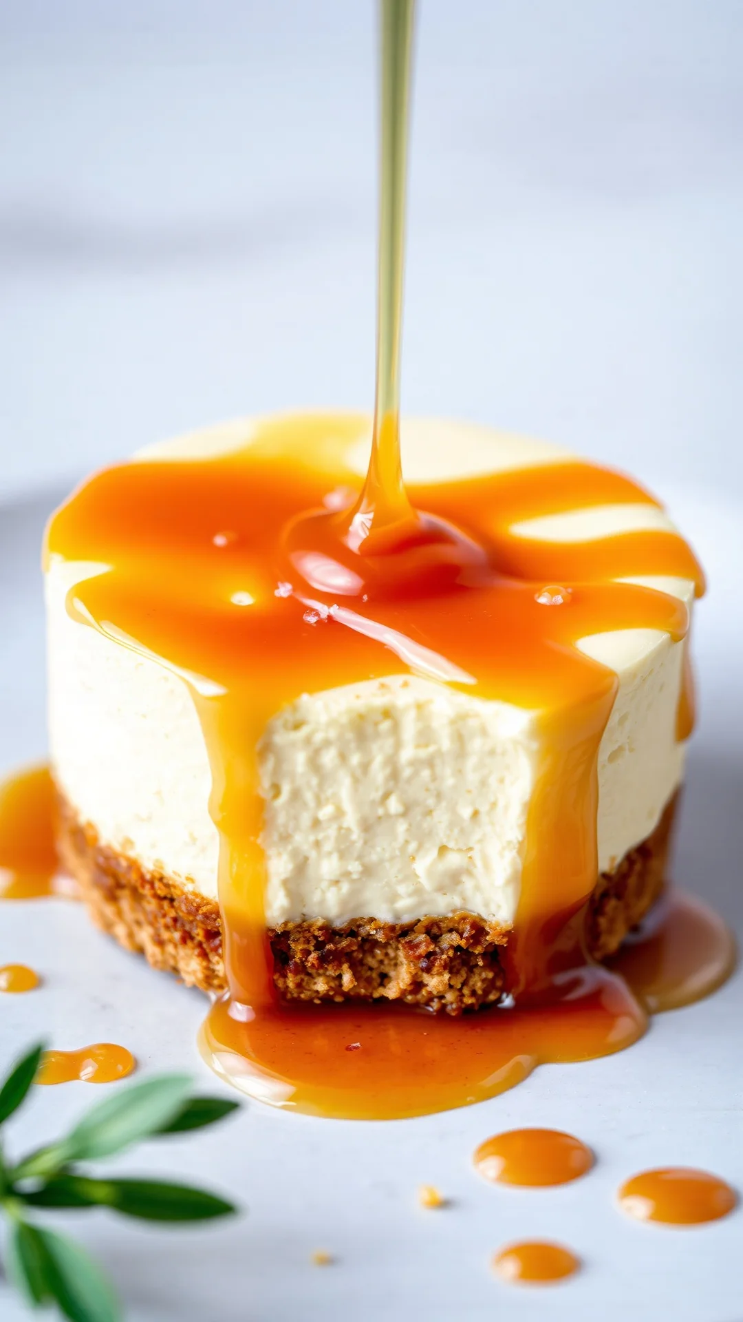 Stunning portrait close-up of salted caramel cheesecake verrine, golden caramel drizzle, fleur de sel crystals, biscuit base