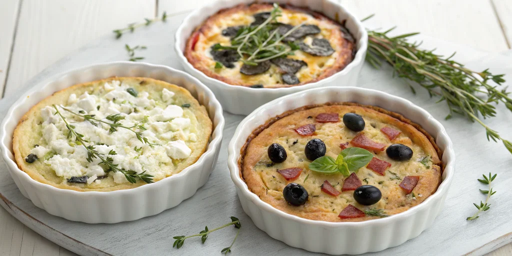 Three different variations of savory clafoutis side by side - one with feta cheese and oregano, one with goat cheese and thym