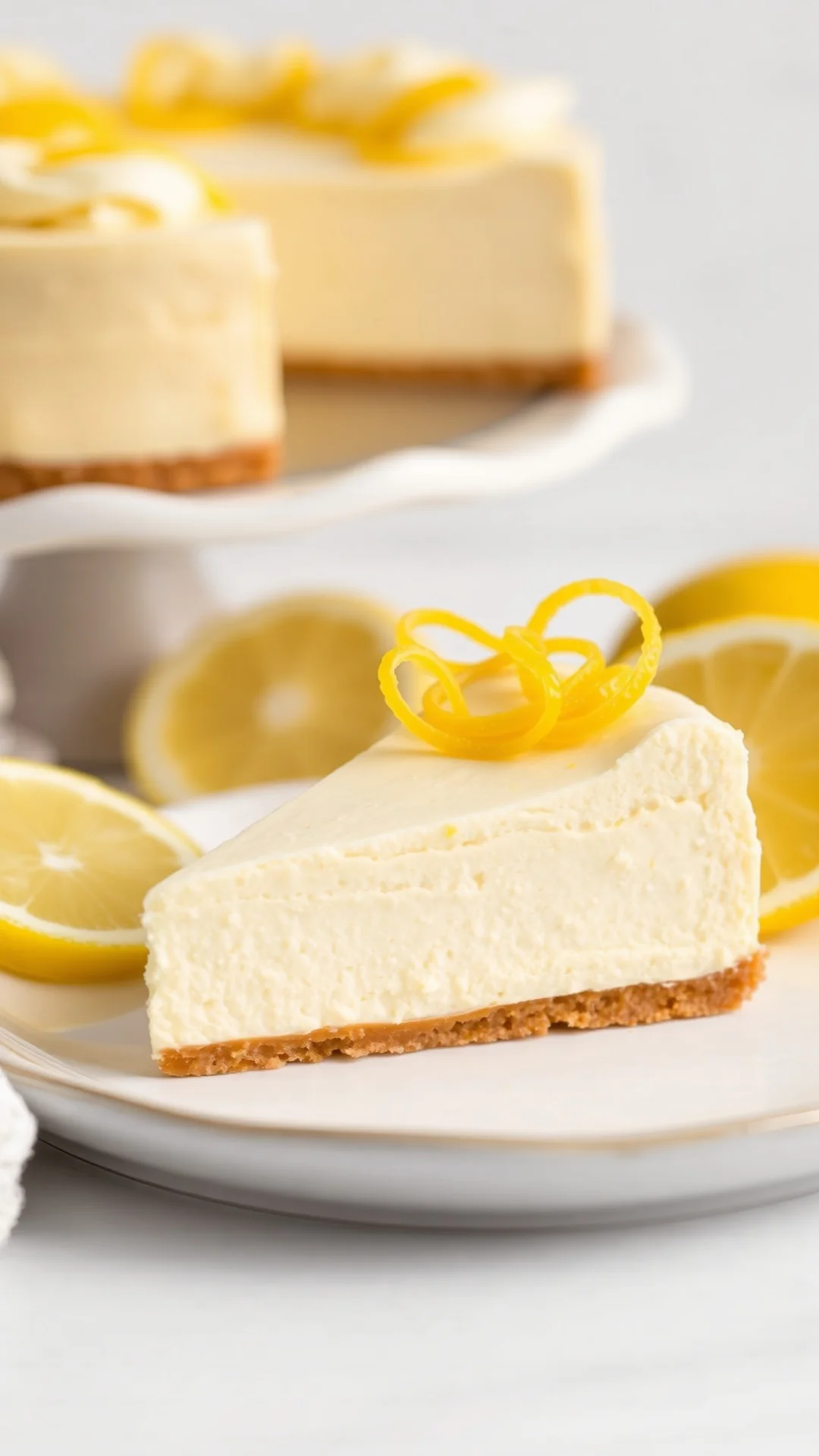 Vertical close-up of a no-bake lemon cheesecake slice, bright yellow lemon zest curls on top, smooth creamy texture, fresh le