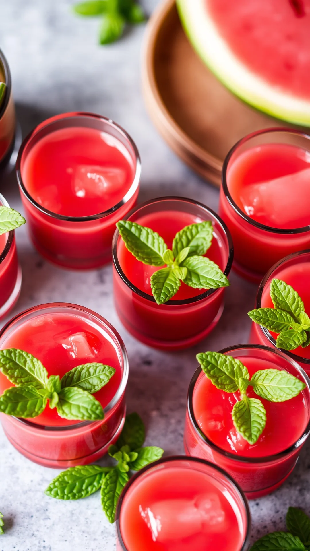 Vertical close-up of chilled watermelon gazpacho shots in small glasses garnished with fresh mint leaves, bright pink color,