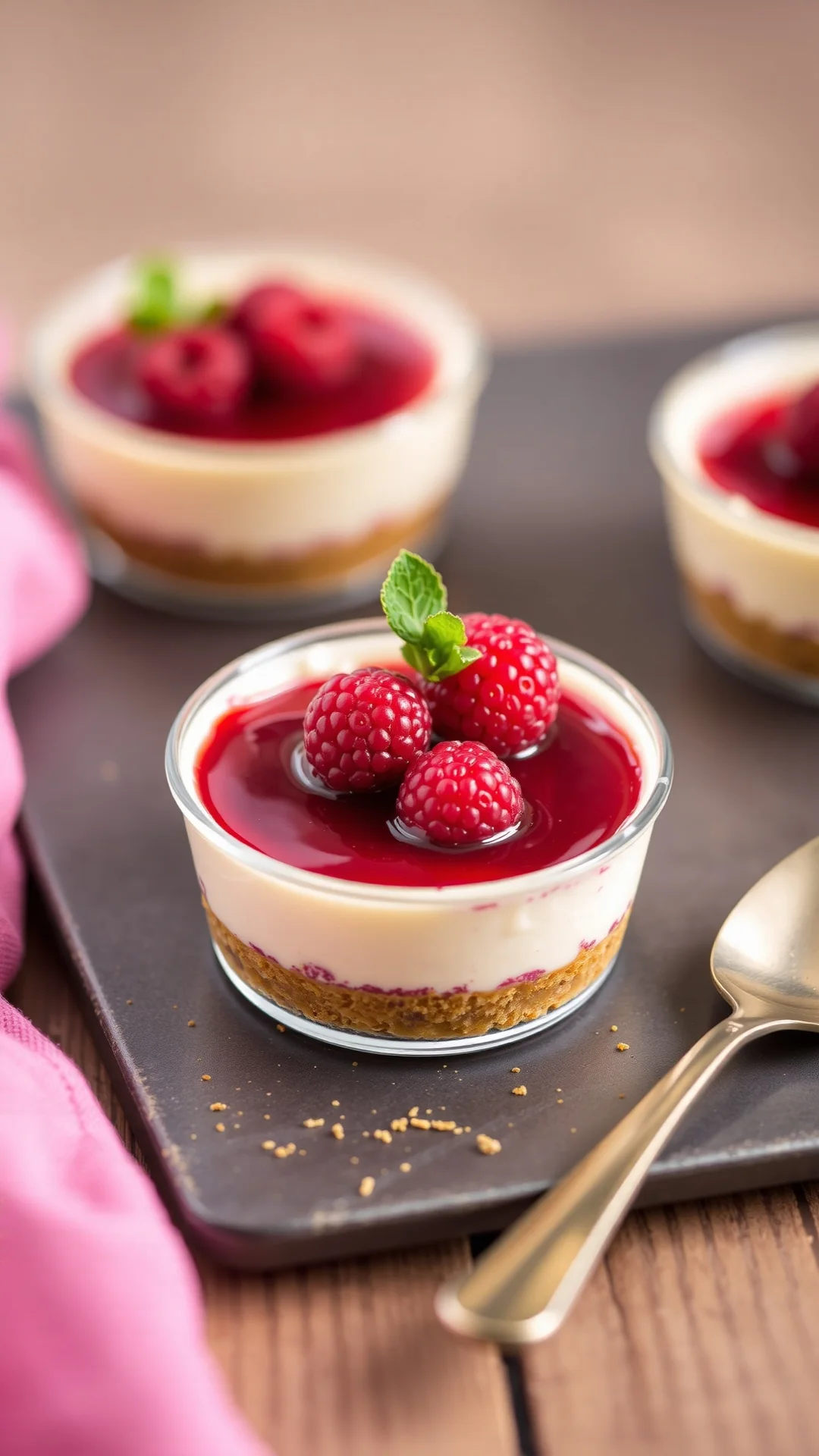 Vertical close-up of individual strawberry and raspberry coulis cheesecake verrine, fresh red berries on top, speculoos crust