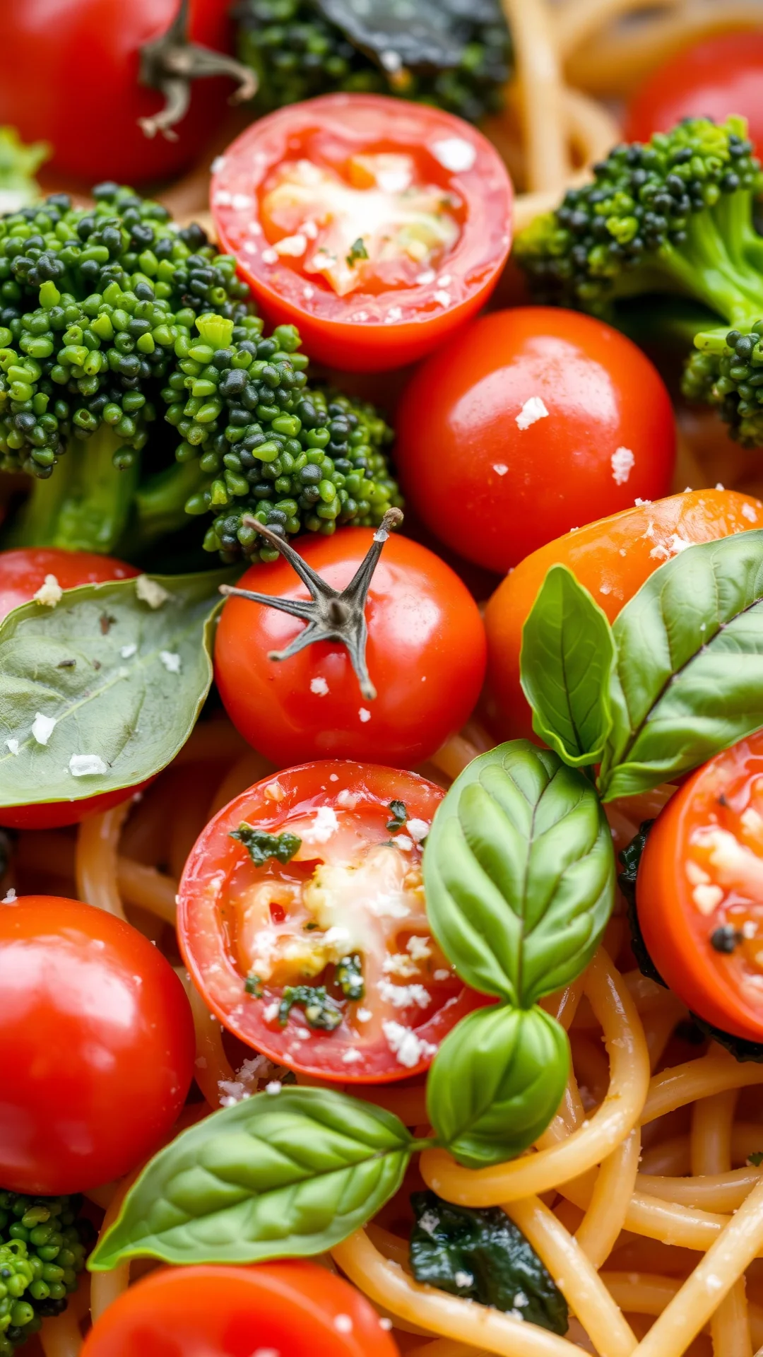 Vibrant cherry tomatoes and green broccoli with pasta, fresh basil, colorful Italian dish, appetizing food photography, 9:16