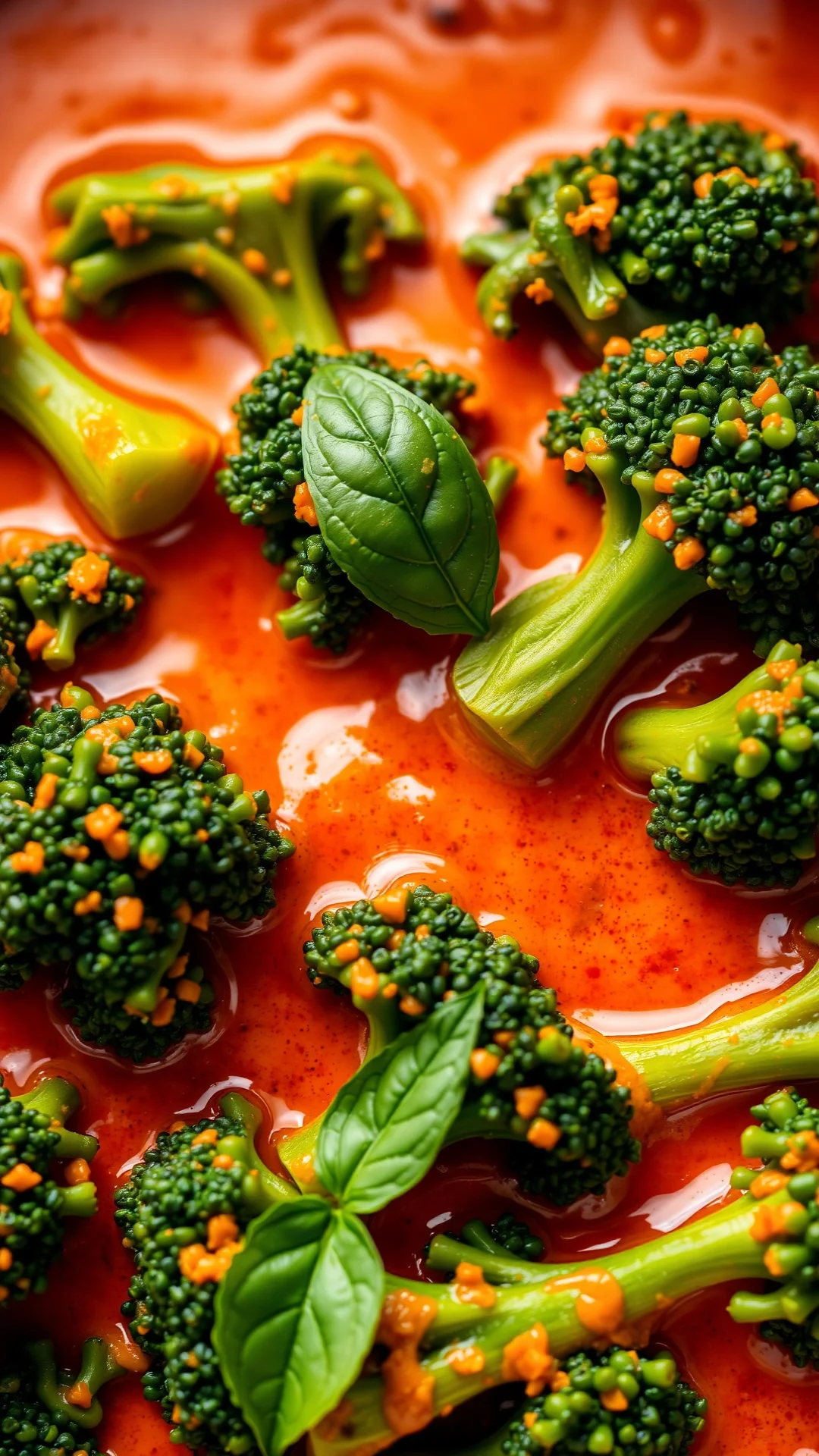 Vibrant green broccoli in silky red curry coconut sauce, closeup food shot, garnished with fresh basil leaves, steamy and aro
