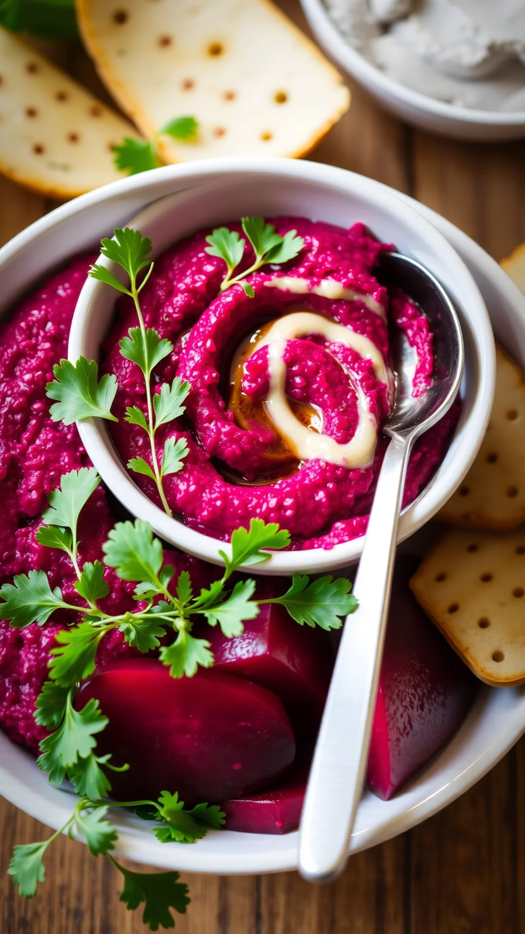 Vibrant magenta beet and chickpea hummus in white bowl, tahini drizzle, fresh herbs, creamy texture, Mediterranean healthy ap