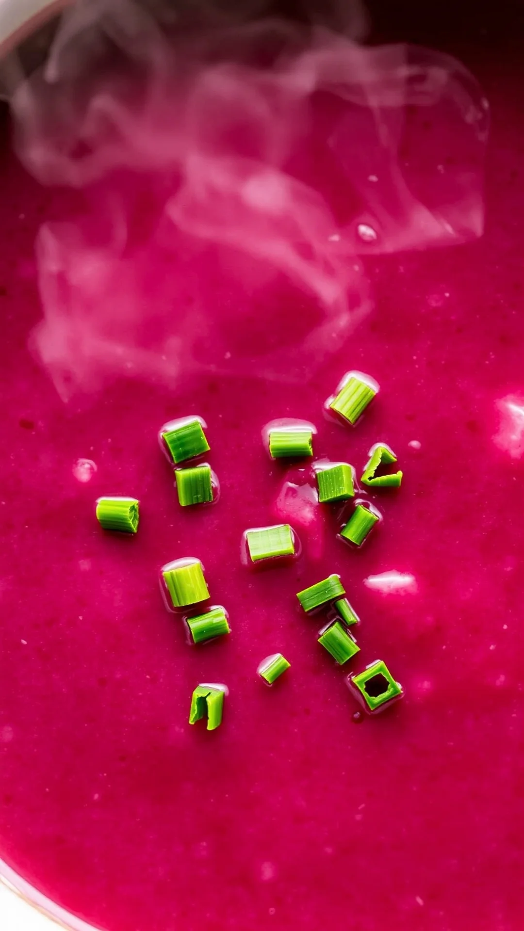 Warm beet and leek potage, velvety texture, garnished with fresh chives, creamy consistency, steaming bowl, comfort food