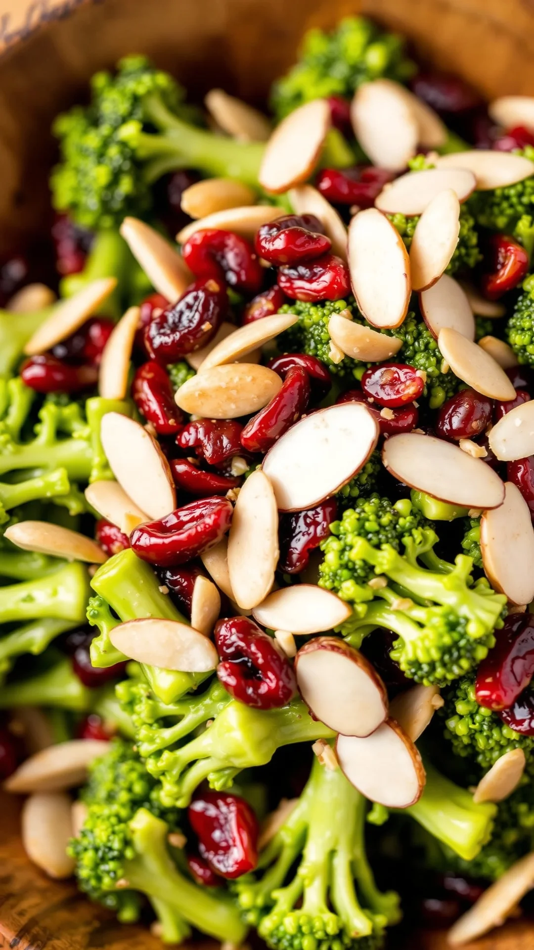 Warm broccoli salad with dried cranberries and sliced almonds, wooden bowl background, vibrant green and red colors, gourmet