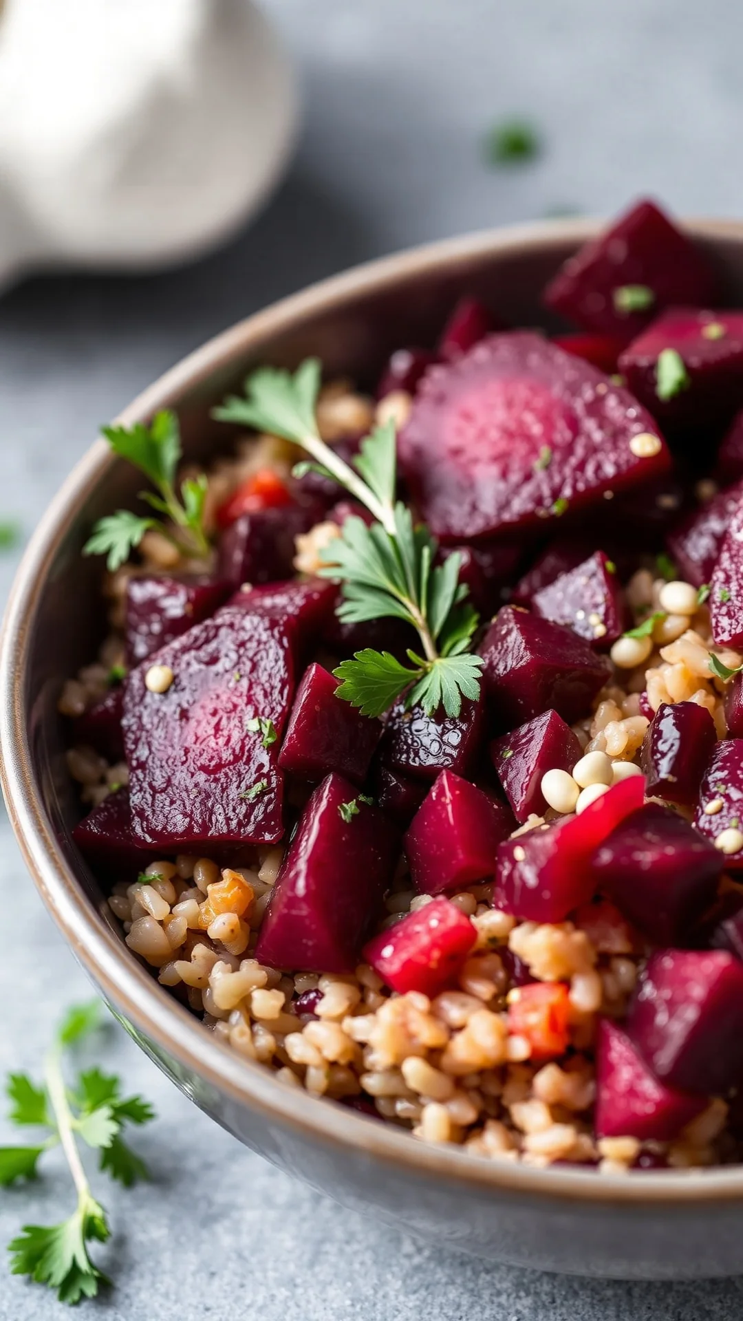 Wholesome brown rice and red lentil bowl with diced purple beets, garlic, herbs, nutritious vegetarian meal, healthy grain di