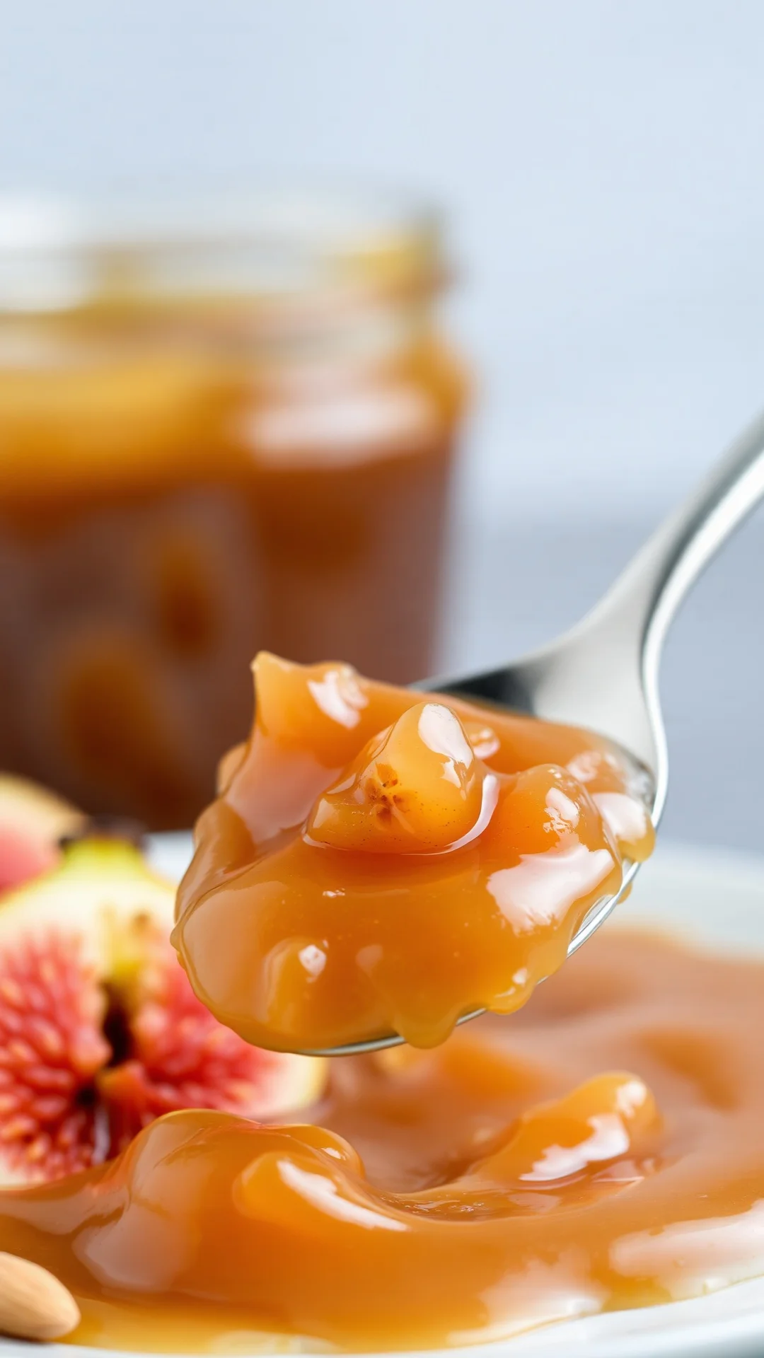 Almond and acacia honey fig jam, luxurious silky texture, cardamom spice visual, rose water aroma suggested, pale golden spre