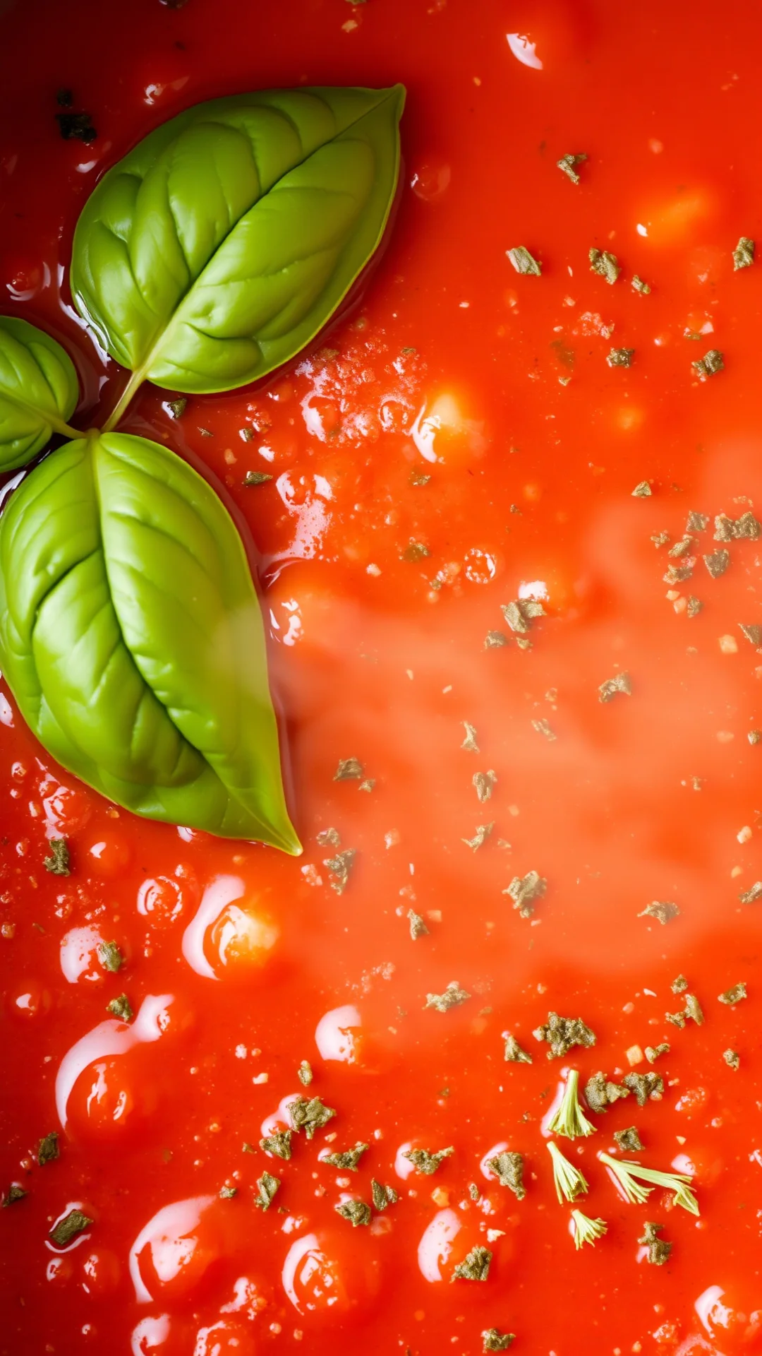 Aromatic garlic and herb tomato sauce bubbling, fresh basil leaves floating, oregano sprinkled, rich tomato aroma, profession