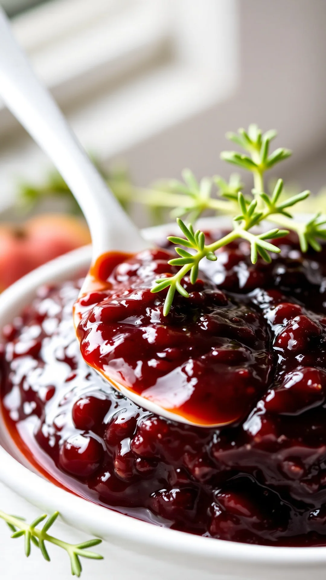 Artisanal fig balsamic thyme jam rich dark burgundy color, fresh thyme sprigs garnish, white ceramic spoon, natural window li