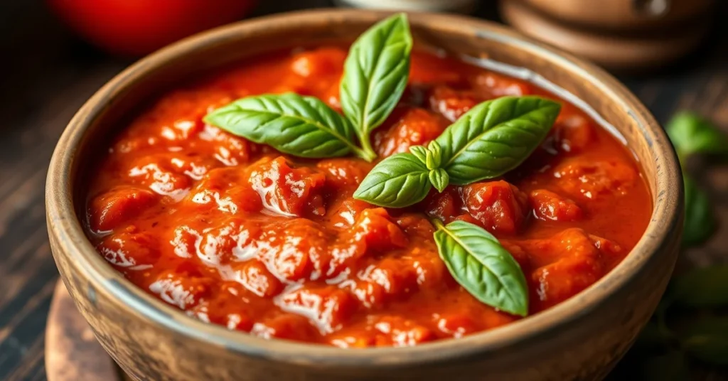 Authentic homemade tomato sauce for pizza in a rustic Italian bowl, garnished with fresh basil leaves and extra virgin olive