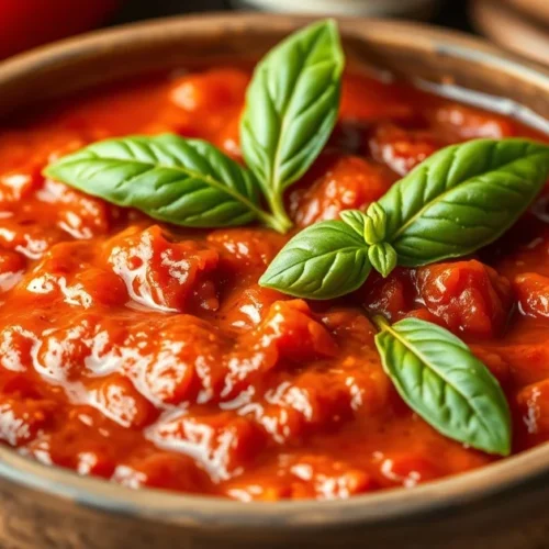 Authentic homemade tomato sauce for pizza in a rustic Italian bowl, garnished with fresh basil leaves and extra virgin olive